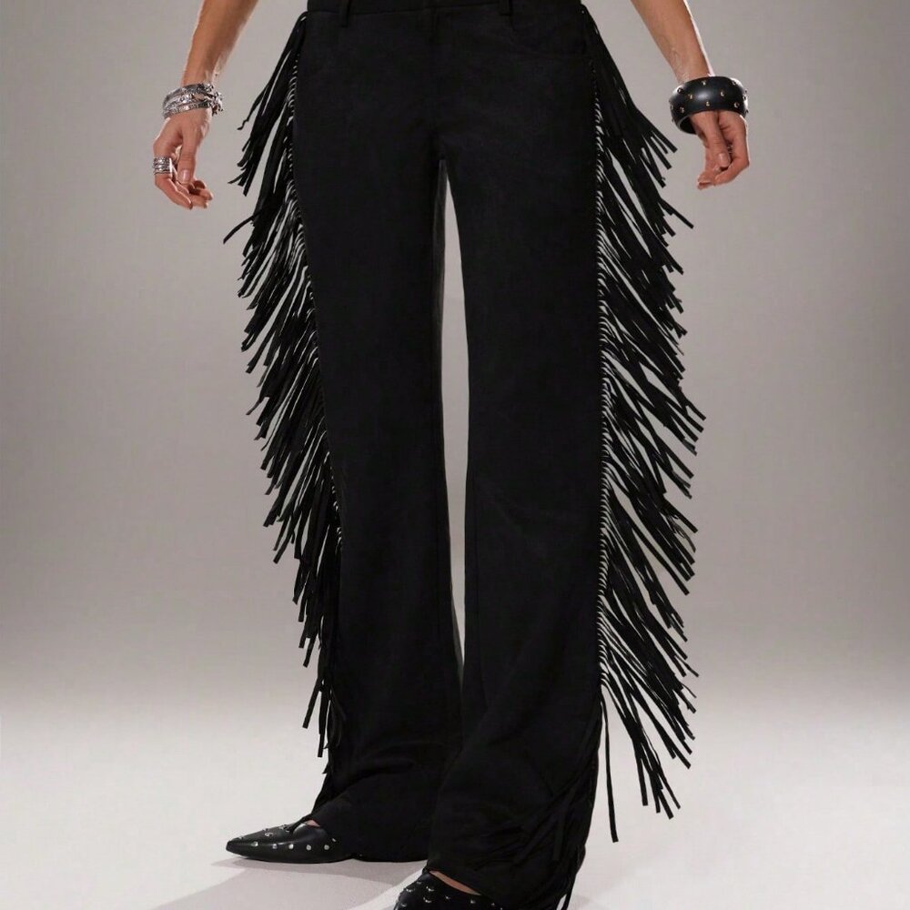 Black Casual Western Women's Flared Leg Faux Suede Fringe Side Pants